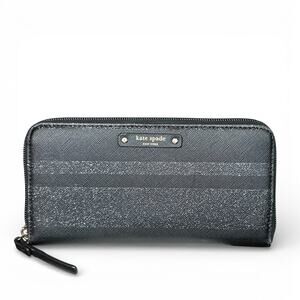 Kate Spade New York Neda Wallet Black Saffiano Leather Glitter Stripe Zip Around